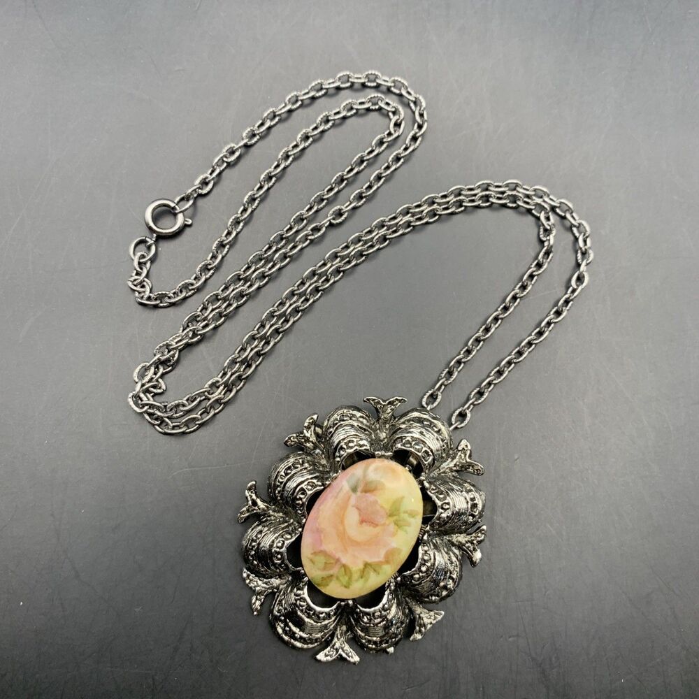 Brooch or Necklace Convertible Pink Floral Porcelain Cabochon Silvertone Vintage